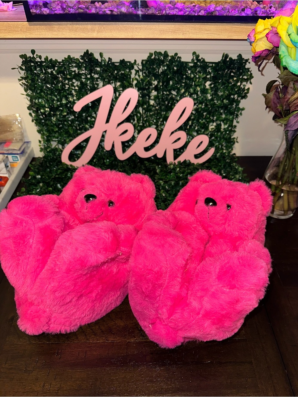 Plush Hot Pink Bear Slippers—One Size Fits All
